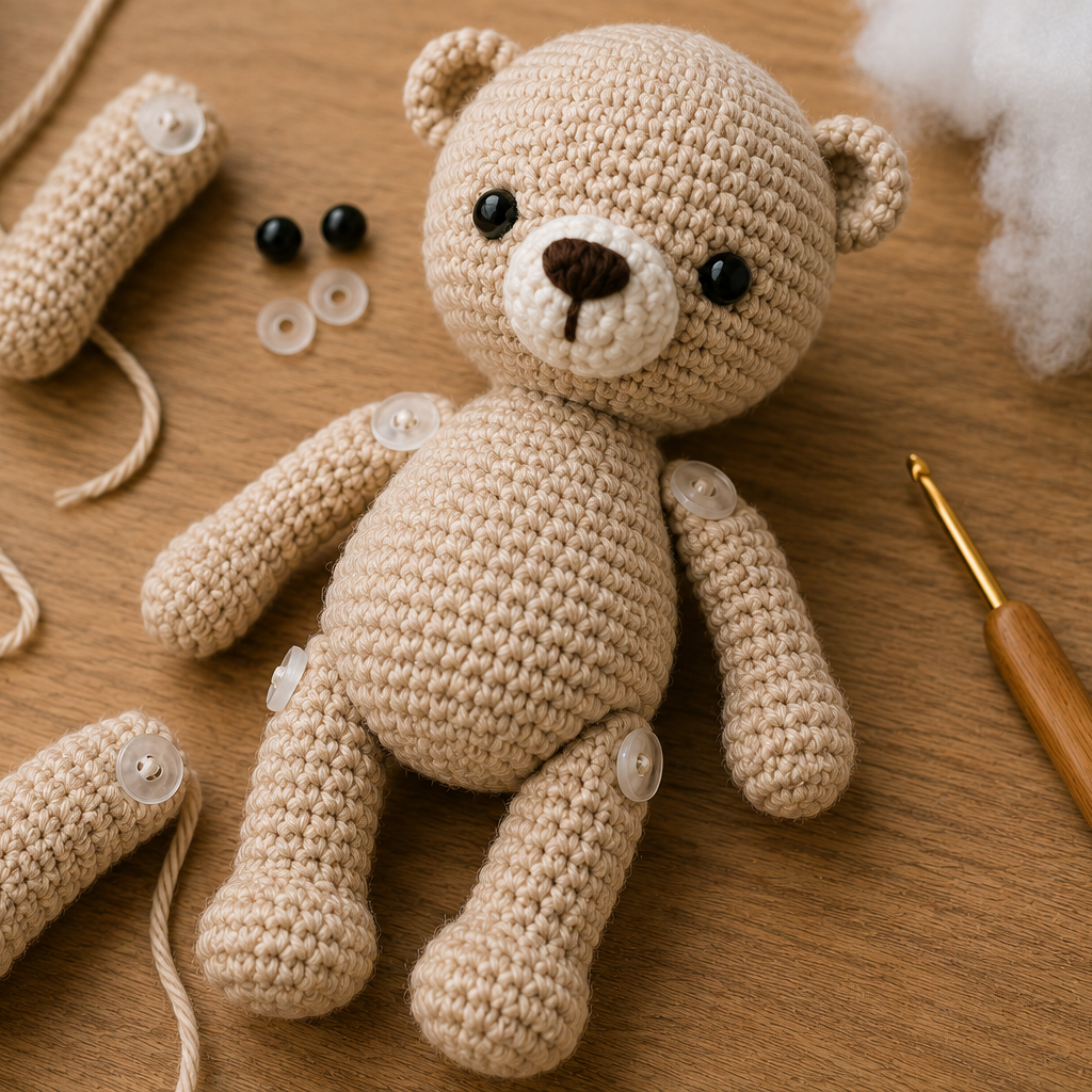 Crocheted teddy bear with button joints on a wooden surface with crochet tools.