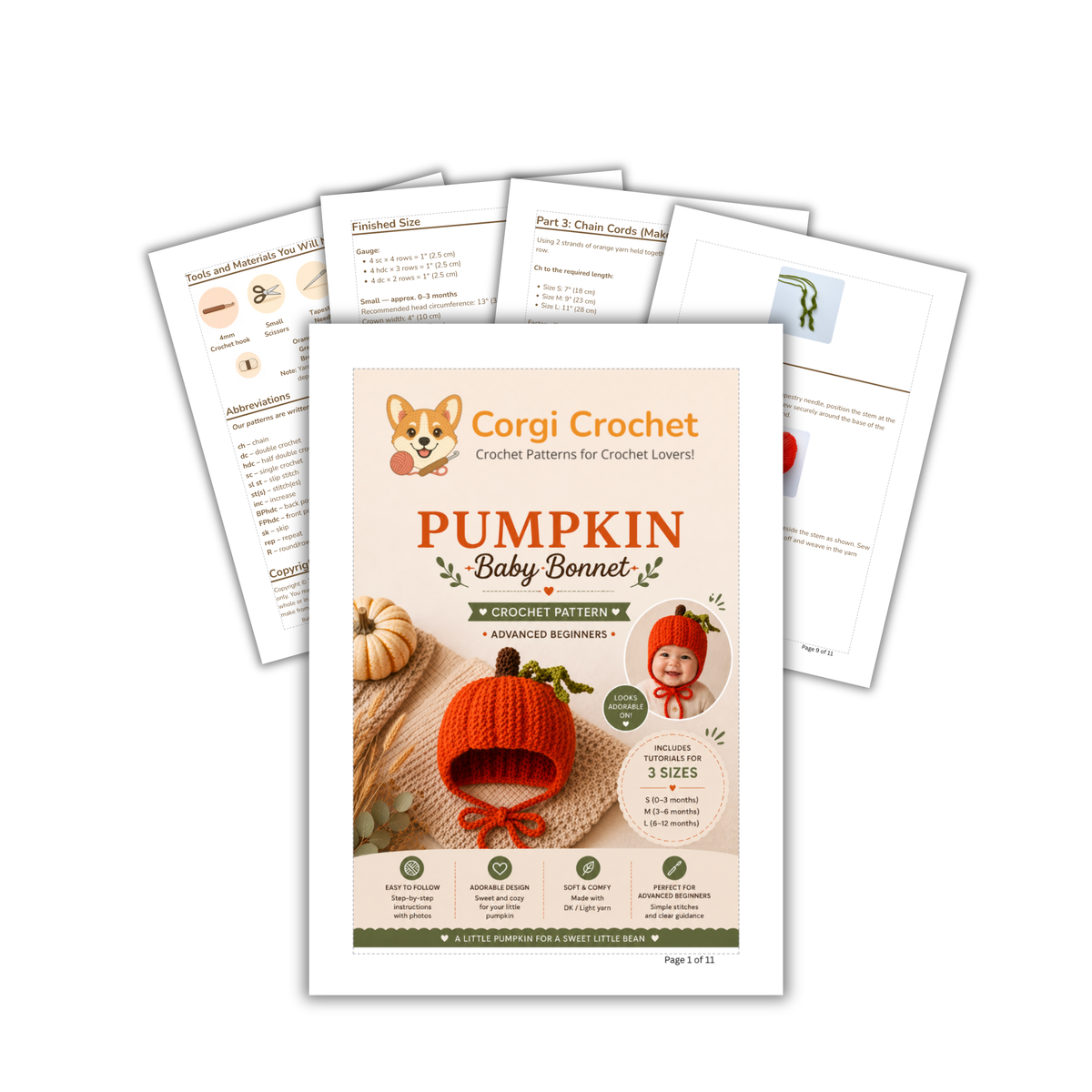 Pumpkin Baby Bonnet Crochet Pattern PDF – 3 Sizes